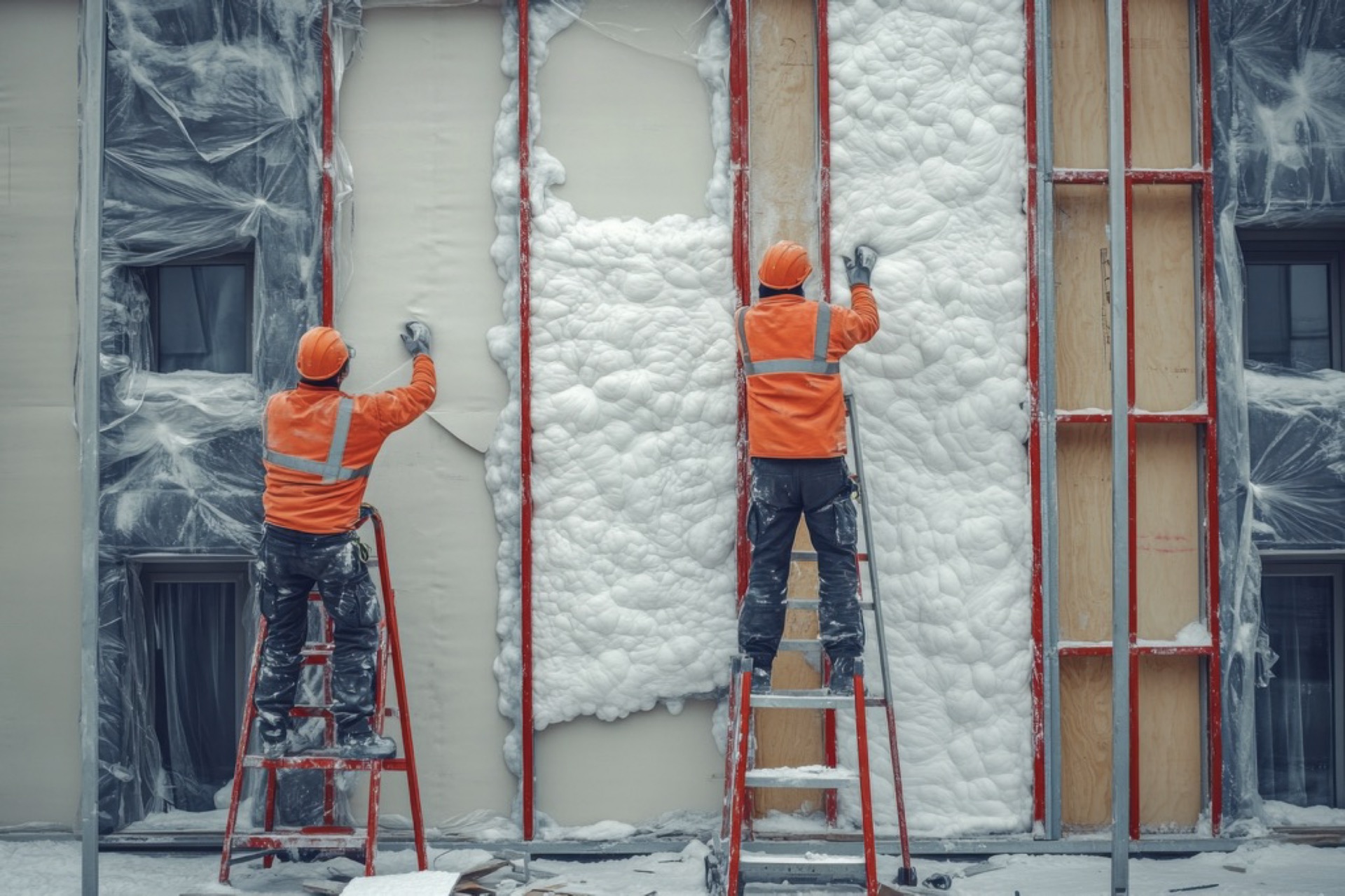 Deux artisans posant un isolant sur la façade d'un bâtiment